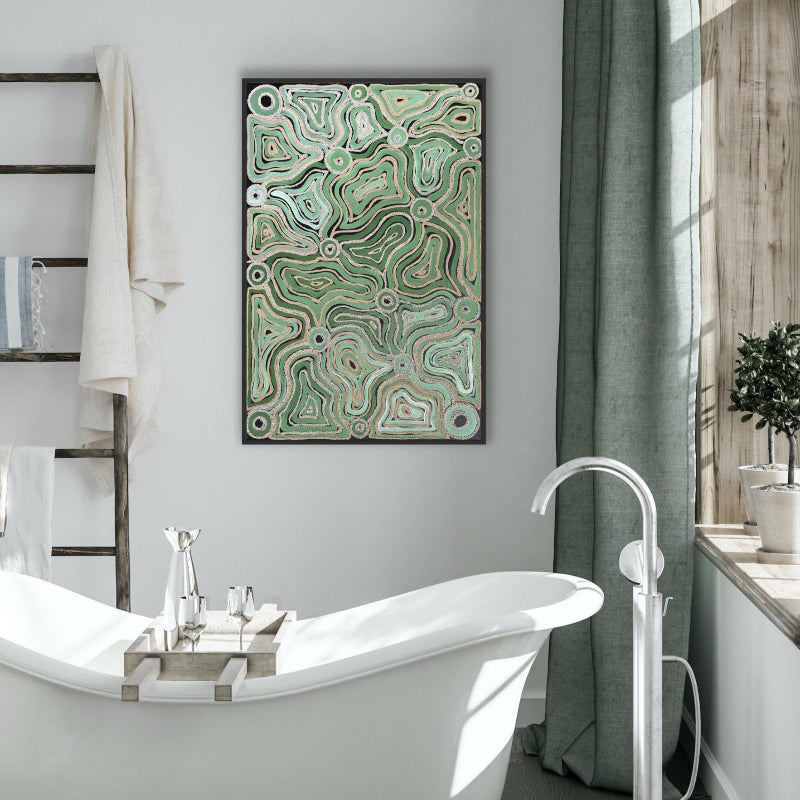 Bark Patterns No.1-Original Artwork-Indigenous Artwork by Shanai Kellett. The patterns made from the grubs eating at the tree trunks, the different shades of colours reflecting against the bark, the sounds of the gums swaying through the wind and the smell of the leaves, especially on summer night walks on Country.