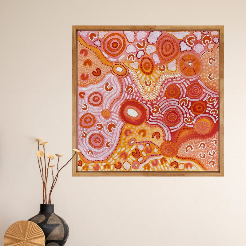 Orange Skies-Indigenous Artwork by Shanai Kellett of Maloga Art. Inspired by walking around the local community of the Eastern Kulin Nation in the evening.