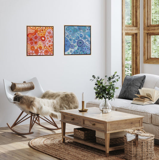 Orange Skies-Original Artwork-by Shanai Kellett of Maloga Art. Indigenous artwork inspired by walking around the local community of the Eastern Kulin Nation in the evening.