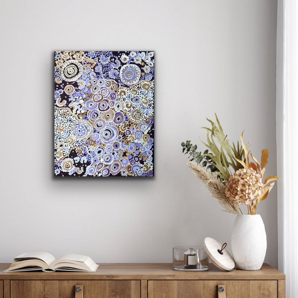 Shimmering Night Sky-Original Artwork by Shanai Kellett of Maloga Art. This contemporary Aboriginal painting captures the serene connection between the ocean and the stars, reflecting the deep cultural ties of land, water, sky and people.